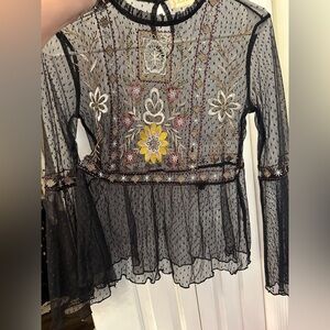 Altar'd State Black and Yellow Embellished Long Sleeve Lace Blouse